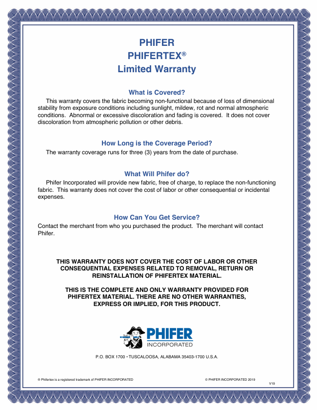 Phifertex Sling Fabric Warranty
